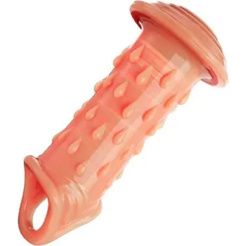 Vibrátor Silikonový návlek na penis s rozšířenou špičkou ve tvaru houby a masážními kroužky s úchytem za varlata ve stylu škrtícího kroužku Diskrétní balení tělová