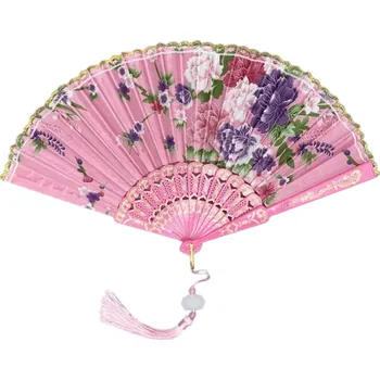 Karnevalový doplněk Tradiční čínský vějíř 42,5 x 23 cm Elegantní skládací vějíř z plastu a látky Asijský styl Dekorace Taneční vystoupení Kostým růžová