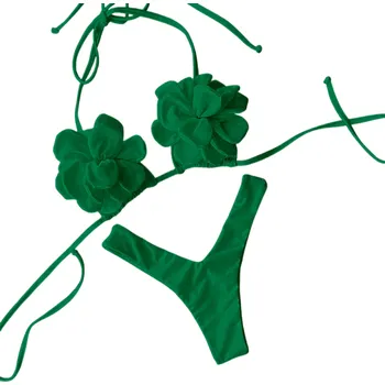 Dámské plavky Dámské bikiny s 3D květinovým topem a tanga kalhotkami Zavazovací plavky s květy pro stylový vzhled na pláži nebo u bazénu zelená L