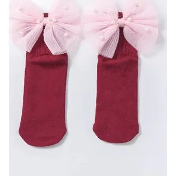 Dětská móda Dívčí ponožky s velkou mašlí a perlami vínová 3-5 let