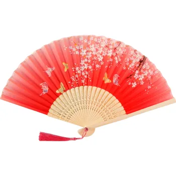 Karnevalový doplněk Čínský dámský bambusový vějíř 21 cm Červený vějíř s rozkvetlou větví a motýly Tradiční asijský doplněk Dekorace Taneční rekvizita