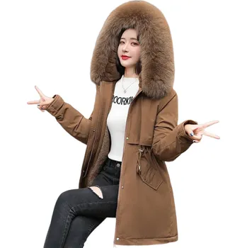 Dámský zimní kabát s chlupatou kapucí hnědá L