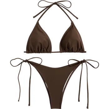 Dámské plavky Dámské dvoudílné bikiny Trojúhelníková podprsenka Tanga kalhotky Zavazování na šňůrky Klasický minimalistický letní střih na pláž hnědá M
