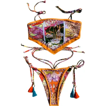 Dámské plavky Dámské dvoudílné bikiny s výrazným květinovým vzorem Bandana top Zavazovací kalhotky s třásněmi Originální střih Letní plavky na pláž S