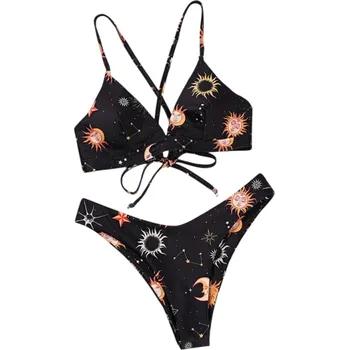 Dámské plavky Dámské dvoudílné bikiny s astrologickým vzorem Trojúhelníková podprsenka Překřížená ramínka Vysoký pas Stylové plavky na pláž oranžová S
