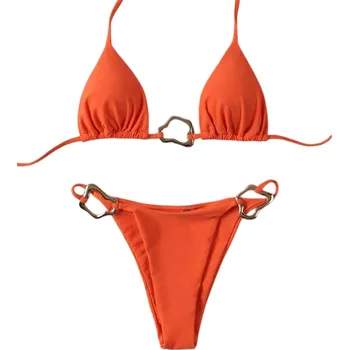 Dámské plavky Dámské dvoudílné bikiny s kovovými zlatými sponami Trojúhelníkový top a kalhotky s výřezy Elegantní plavky na pláž i opalování oranžová L