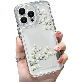 Pouzdro na mobilní telefon Průhledný ochranný kryt na iPhone 15 Pro, bíle kvetoucí větve