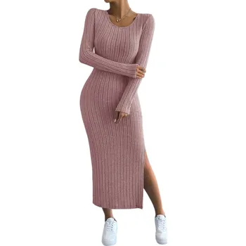Dámské šaty Dlouhé žebrované dámské úpletové šaty s rozparkem Přiléhavý střih s dlouhými rukávy Elegantní pohodlné šaty s kulatým výstřihem růžová L