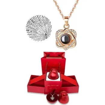 Dentální hygiena Sada projekčního náhrdelníku Spojená srdce Titanový řetízek Měděný přívěšek Projekce Miluji tě ve 100 jazycích Krabička růže Rose gold