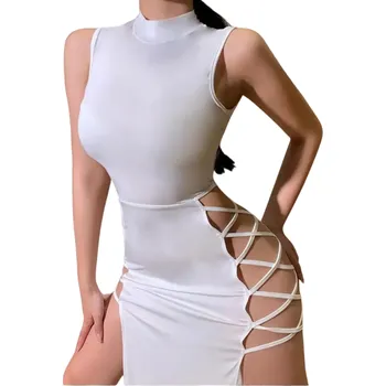 Dámské šaty Dlouhé výrazné šaty z elastického materiálu Přiléhavé šaty se stojáčkem Bez rukávů Odhalené boky Šněrování na bocích v křížovém stylu bílá M