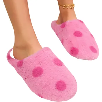 Dámská obuv Zimní dámské pantofle s puntíky Chlupaté měkké domácí bačkory Hřejivé přezůvky na zimu Stylové pohodlné pantofle pro ženy s veselým vzorem tmavě růžová 38-39