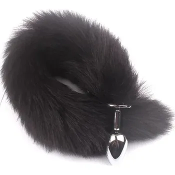 Vibrátor Kovový anální kolík s realistickým chlupatým liščím ocáskem hladký povrch pevný materiál snadná údržba diskrétní balení černá