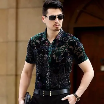 Pánská košile Pánská košile s květinami F691 modrá XS 1