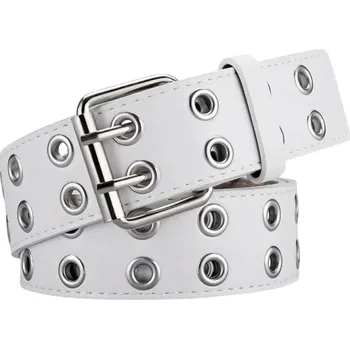 Opasek Pásek z PU kůže s přezkou ze slitiny 110 x 3,8 cm Módní opasek s dvojitými dírkami Elegantní a pevný unisex doplněk do kalhot i šatů bílá