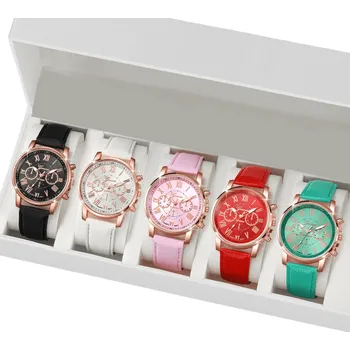 Hodinky Sada 5 ks dámské hodinky Kožený pásek Elegantní hodinky v různých barvách Stylové doplňky pro ženy Dárek pro milovnice módy