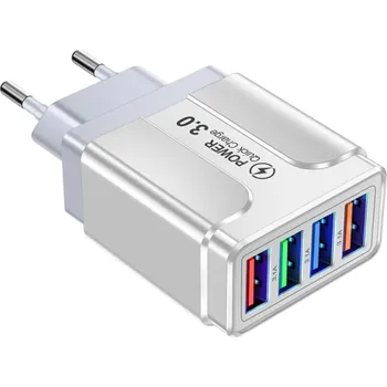 Rychlonabíječka 4× USB A QC 3.0 5V 3.1A rychlá nabíječka s EU zástrčkou nabíjecí adaptér pro mobilní telefon rychlé nabíjení více zařízení bílá