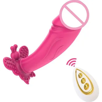 Vibrátor Růžový vibrátor ve tvaru realistického penisu se stimulačním motýlem a dálkovým ovládáním diskrétní balení