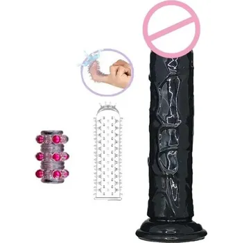 Vibrátor Dildo 23,5 x 4,8 cm s realistickým žilkováním a přísavkou + 2 návleky na prst s výstupky pro vaginální i anální potěšení diskrétní balení černá