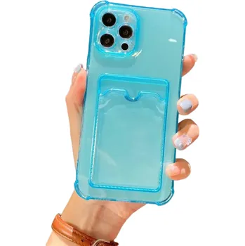 Pouzdro na mobilní telefon Průhledný kryt s kapsou na karty pro iPhone 15 Plus tyrkysová