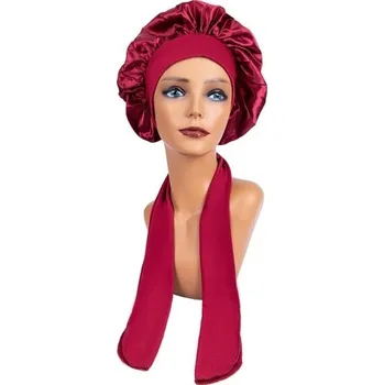 Sprchovací čepice Dámská saténová čepice na spaní s páskem červená