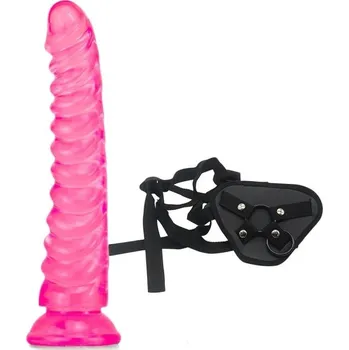Vibrátor Silikonové dildo s vroubky o rozměrech 22 x 4 cm s přísavkou a strap on postrojem, diskrétně baleno. růžová