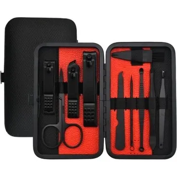 Sada na manikúru a pedikúru v černém koženém pouzdru Set s nástroji pro péči o nehty na nohou, na rukou a obličej Kleštičky, pilník, manikúrní nůžky, pinzeta, ušní lžíce Cestovní sada na nehty z nerezové oceli 10 ks