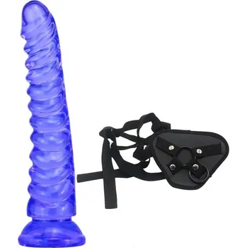 Vibrátor Silikonové dildo s vroubky o rozměrech 22 x 4 cm s přísavkou a strap on postrojem, diskrétně baleno. fialová