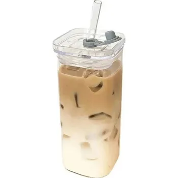 Sklenice Čtvercová průhledná sklenice 400 ml z tepelně odolného skla s víčkem a brčkem Sklenice na kávu, smoothie, limonádu, čaj, studené nápoje