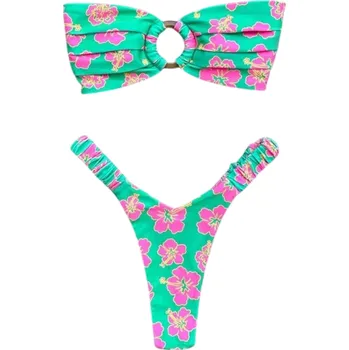Dámské plavky Dámské květinové bikiny s kruhovým spojem a nabíranými ramínky Sexy dvoudílné plavky s potiskem Květinový letní plážový komplet zelená S