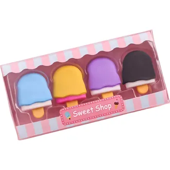 Pryž Dětská sada gum na tužky ve tvaru nanuku 4 ks Barevné nanuky na gumování pro děti Sada gumovacích potřeb v krabici Mazací guma nanuk Pryž na gumování v sadě 4 kusů 3 x 2,5 cm