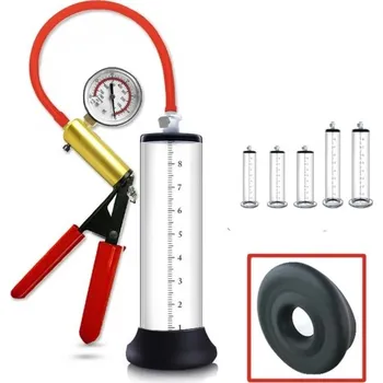 Vibrátor Vakuová pumpa na penis 30,5x4,4 cm s tlakoměrem, vyměnitelným válcem a ruční pákovou pumpou, diskrétní balení