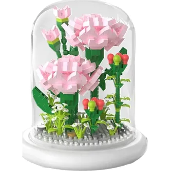 ostatní stavebnice Mini stavebnice růžového karafiátu na svítícím podstavci a ve skleněném poklopu 13,5 x 11,7 cm AAA baterie Domácí dekorace ze stavebnice Dětská skládací hračka 770 dílků