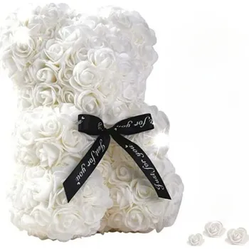Medvídek z umělých růží s černou stužkou Ručně vyráběná květinová figurka Valentýnský dárek Romantická dekorace Luxusní ozdoba do interiéru 25 cm bílá