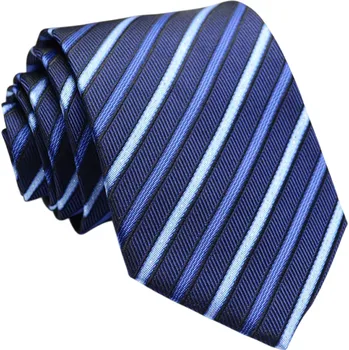 Kravata Modrá pánská kravata do obleku 146 x 8 cm Elegantní tmavě modrá proužkovaná kravata Stylový doplněk pro společenské události, práci i běžné nošení