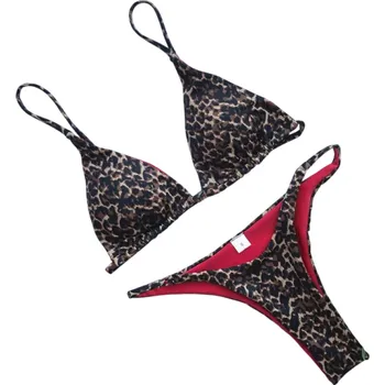 Dámské plavky Dámské dvoudílné bikiny s kontrastním leopardím vzorem Trojúhelníkový top a tanga kalhotky Stylové plavky na pláž i dovolenou černá L