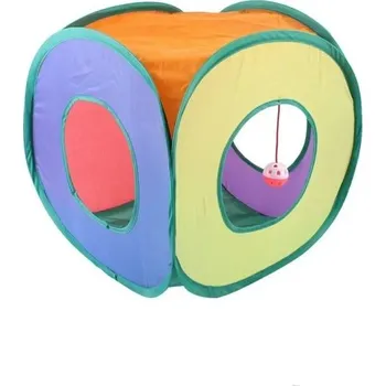 Hračka pro kočku Skládací barevná tunelová kostka pro kočky 40 x 40 cm Polyesterová skrýš se třemi otvory a hrací kuličkou Ideální na hry i odpočinek
