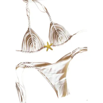 Dámské plavky Dámské dvoudílné bikiny s třásněmi a hvězdicí Trojúhelníkový top se zavazováním a tanga kalhotky na šňůrky Plavky na léto bílá L