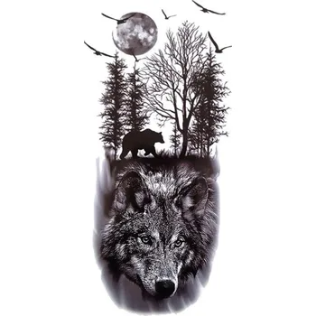 Odstranitelné tetování Vodotěsné dočasné tetování 21 x 11,4 cm Vlk, medvěd, les a úplněk Zvířecí motiv Snadná aplikace Odolné tetování Přírodní design