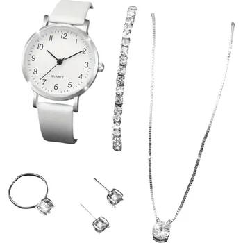 Hodinky Sada dámské křemenné hodinky kožený pásek šperky s drahokamy řetízek náramek náušnice prsten bílá Elegantní dárek pro ženy