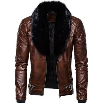 Pánská větrovka Pánská kožená bunda s umělou kožešinou kávová L