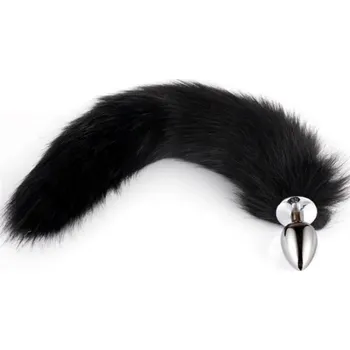 Vibrátor Kovový anální kolík s liščím ocáskem XXS 1,8 x 5 cm délka ocásku 40 cm pro úplné začátečníky hladký povrch diskrétní balení černá