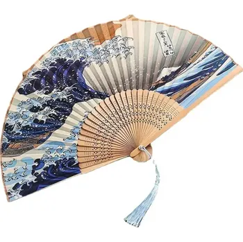 Karnevalový doplněk Japonský skládací vějíř 21 cm Tradiční motiv moře Modrý střapec Látkový vějíř z bambusu Elegantní doplněk Dekorace na zeď
