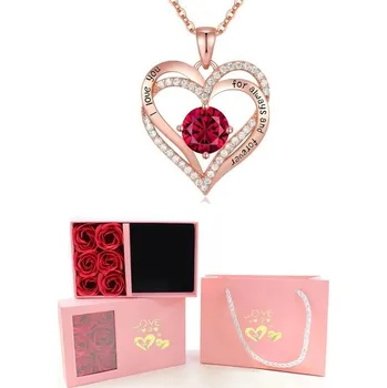 Náhrdelník Sada zirkonový náhrdelník srdce s drahokamem Růžová krabička 6 růží Růžová dárková taška Romantický dárek pro ženy