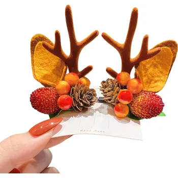 2 ks Dětské sponky do vlasů Sobí parohy a uši Vánoční ozdoby do vlasů Roztomilé sponky s ovocem a šiškami Zimní doplňky pro děti hnědá