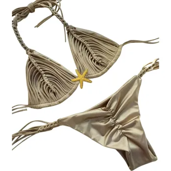 Dámské plavky Dámské dvoudílné bikiny s třásněmi a hvězdicí Trojúhelníkový top se zavazováním a tanga kalhotky na šňůrky Plavky na léto hnědá S