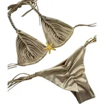 Dámské dvoudílné bikiny s třásněmi a hvězdicí Trojúhelníkový top se zavazováním a tanga kalhotky na šňůrky Plavky na léto hnědá L