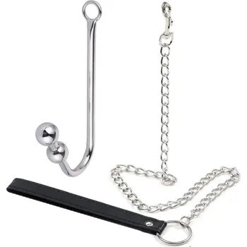 Vibrátor Sada 2v1 anální háček z nerezové oceli se 2 kuličkami na špičce a kovové kroužkové vodítko 92 cm pro smyslnou kontrolu Diskrétní balení