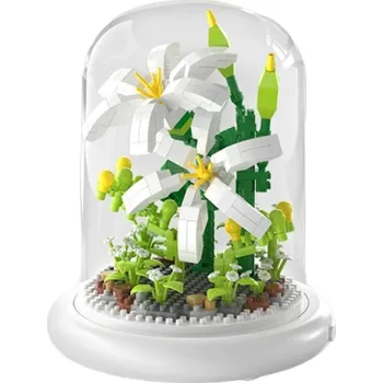 ostatní stavebnice Mini stavebnice lilie na svítícím podstavci a ve skleněném poklopu 13,5 x 11,7 cm AAA baterie Domácí dekorace ze stavebnice Dětská skládací hračka 510 dílků