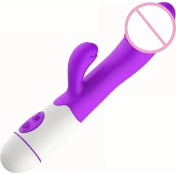 Vibrátor Dvojitý vibrátor s vystouplou hlavicí, 30 vibračními režimy a výstupkem pro klitoris 19,5x3,3 cm silikonový povrch diskrétní balení fialová