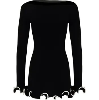 Dámské šaty Elegantní minišaty s dlouhým rukávem Vlnitý lem na rukávech a spodním okraji Jednoduchý střih Přiléhavý styl Stretch materiál černá S